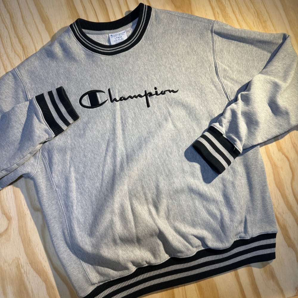 Champion Men's Reverse Weave Striped Trim Embroidered Crewneck Sweatshirt Gray L